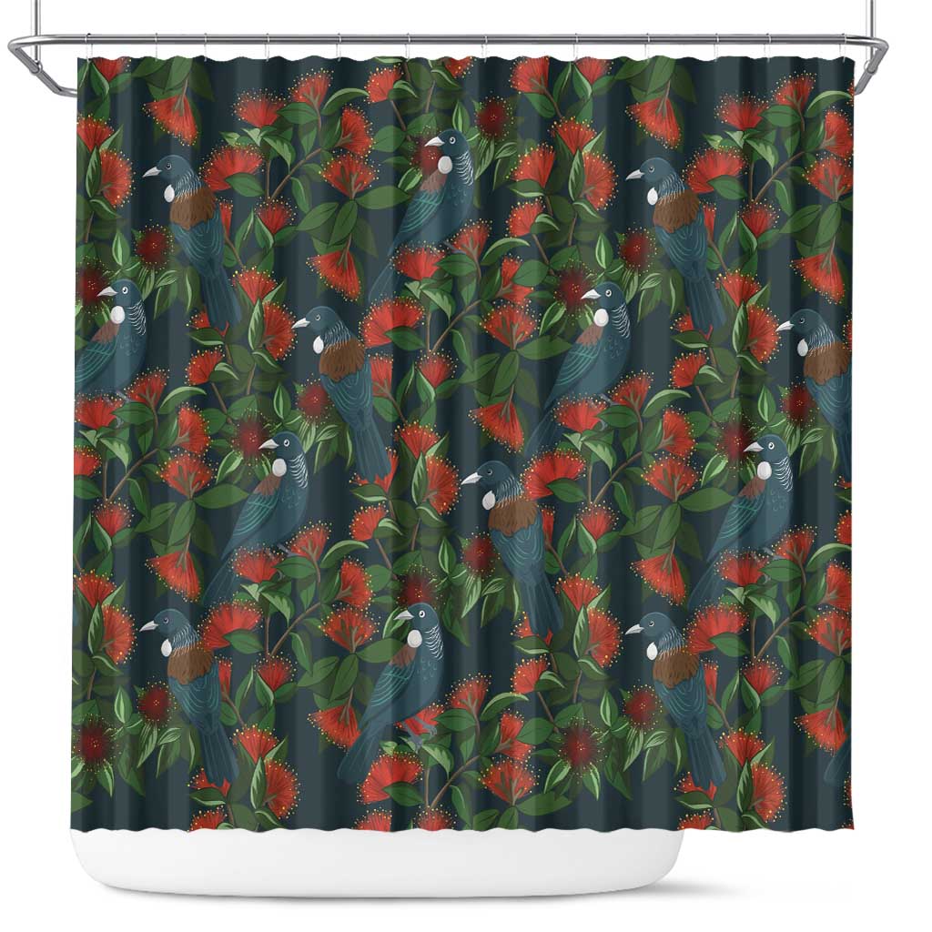 New Zealand Christmas Shower Curtain Romantic Tui Birds on Pohutukawa - Cobalt - Polynesian Pride