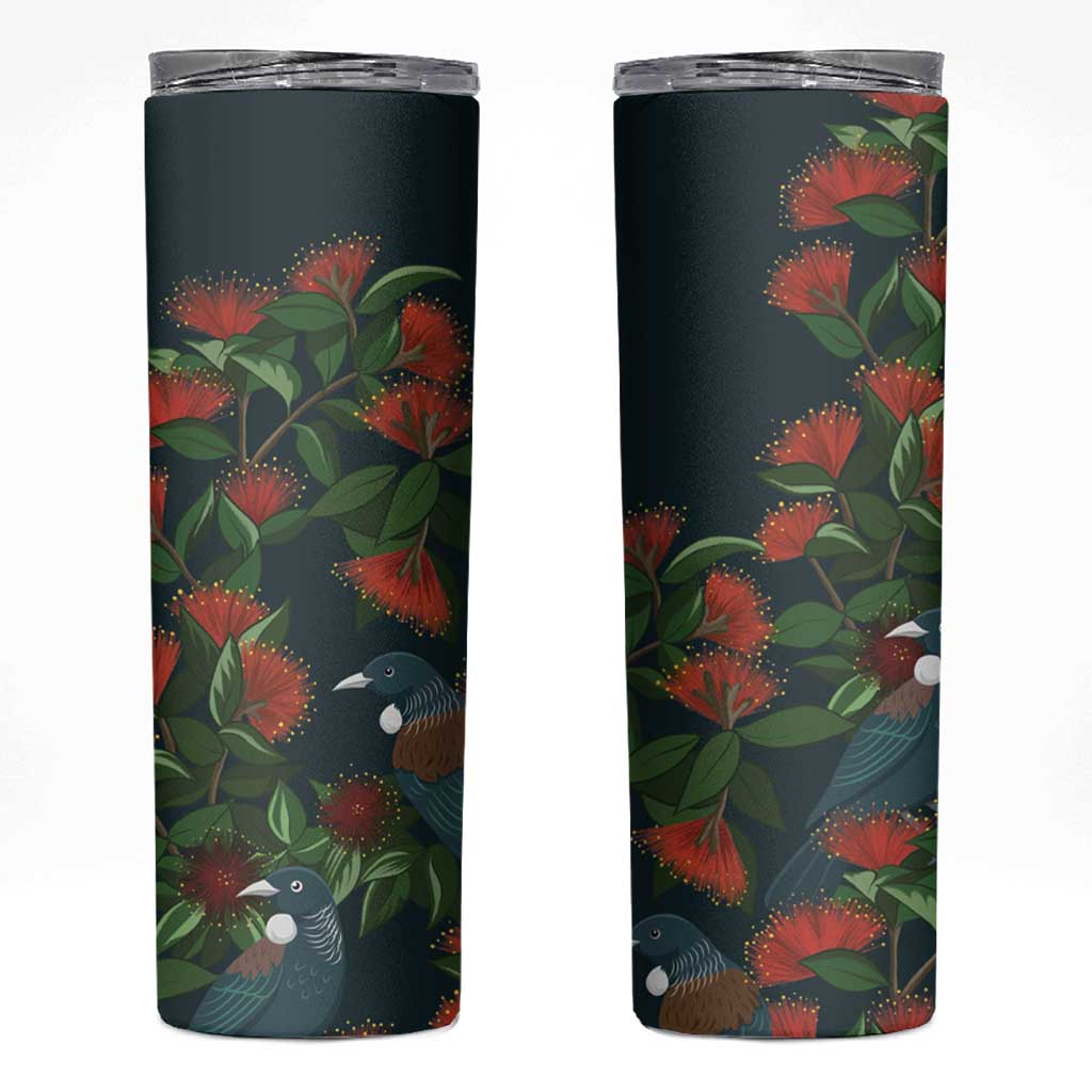 New Zealand Christmas Skinny Tumbler Romantic Tui Birds on Pohutukawa - Cobalt - Polynesian Pride