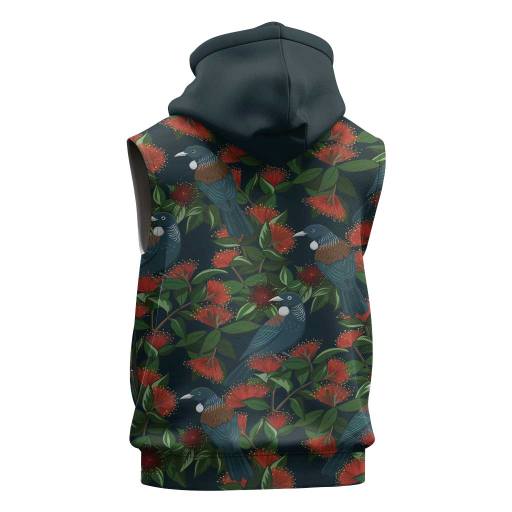 New Zealand Christmas Sleeveless Hoodie Romantic Tui Birds on Pohutukawa - Cobalt - Polynesian Pride