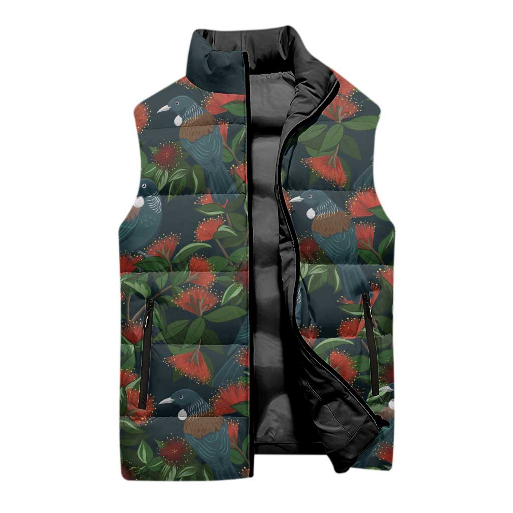 New Zealand Christmas Sleeveless Puffer Jacket Romantic Tui Birds on Pohutukawa - Cobalt - Polynesian Pride