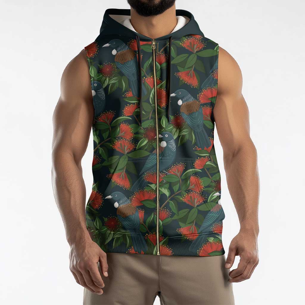 New Zealand Christmas Sleeveless Zip Hoodie Romantic Tui Birds on Pohutukawa - Cobalt - Polynesian Pride