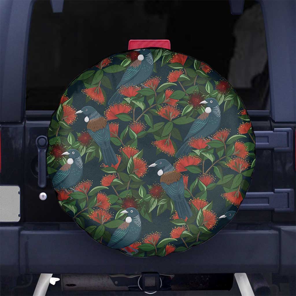 New Zealand Christmas Spare Tire Cover Romantic Tui Birds on Pohutukawa - Cobalt - Polynesian Pride