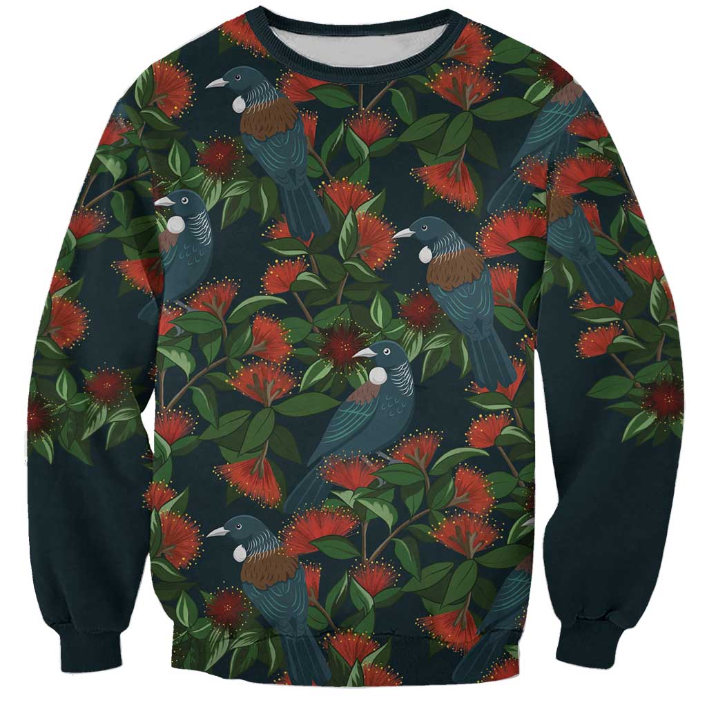New Zealand Christmas Sweatshirt Romantic Tui Birds on Pohutukawa - Cobalt - Polynesian Pride