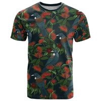New Zealand Christmas T Shirt Romantic Tui Birds on Pohutukawa - Cobalt - Polynesian Pride