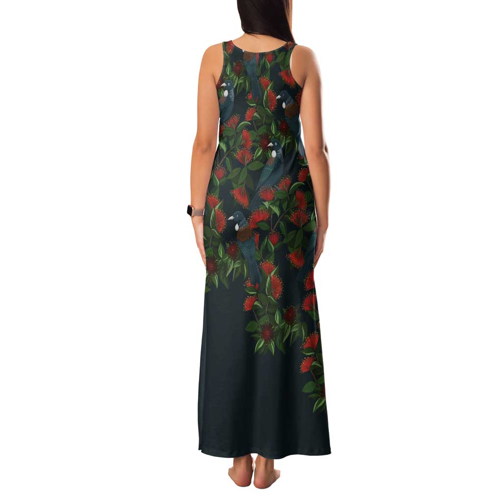 New Zealand Christmas Tank Maxi Dress Romantic Tui Birds on Pohutukawa - Cobalt - Polynesian Pride