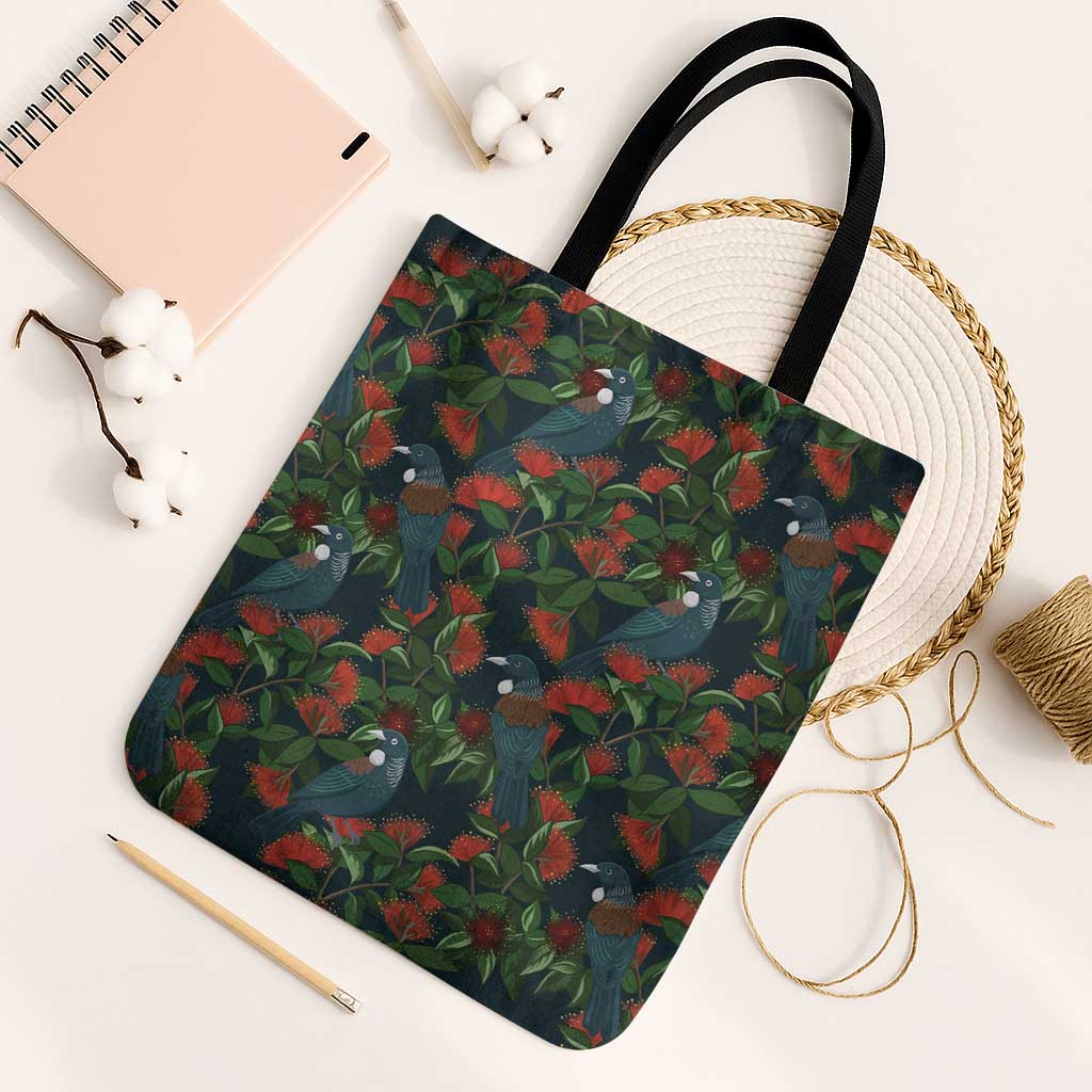 New Zealand Christmas Tote Bag Romantic Tui Birds on Pohutukawa - Cobalt - Polynesian Pride