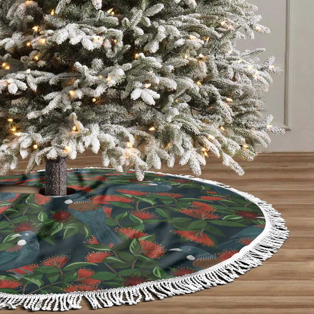 New Zealand Christmas Tree Skirt Romantic Tui Birds on Pohutukawa - Cobalt - Polynesian Pride