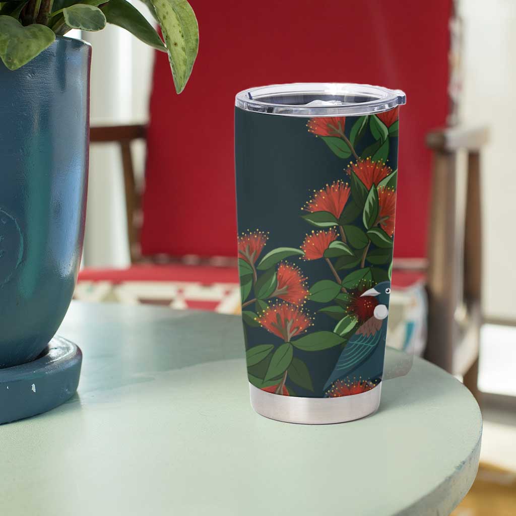 New Zealand Christmas Tumbler Cup Romantic Tui Birds on Pohutukawa - Cobalt - Polynesian Pride