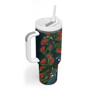 New Zealand Christmas Tumbler With Handle Romantic Tui Birds on Pohutukawa - Cobalt - Polynesian Pride