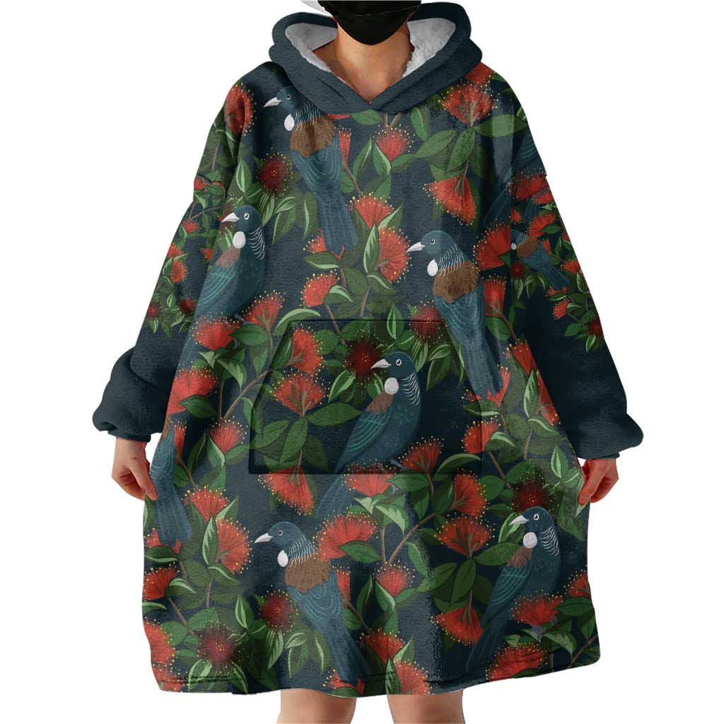 New Zealand Christmas Wearable Blanket Hoodie Romantic Tui Birds on Pohutukawa - Cobalt - Polynesian Pride