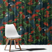 New Zealand Christmas Window Curtain Romantic Tui Birds on Pohutukawa - Cobalt - Polynesian Pride