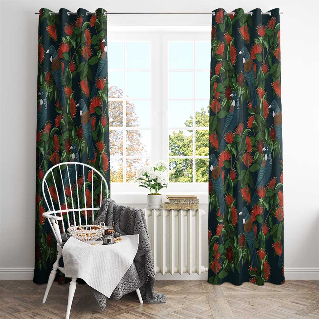 New Zealand Christmas Window Curtain Romantic Tui Birds on Pohutukawa - Cobalt - Polynesian Pride