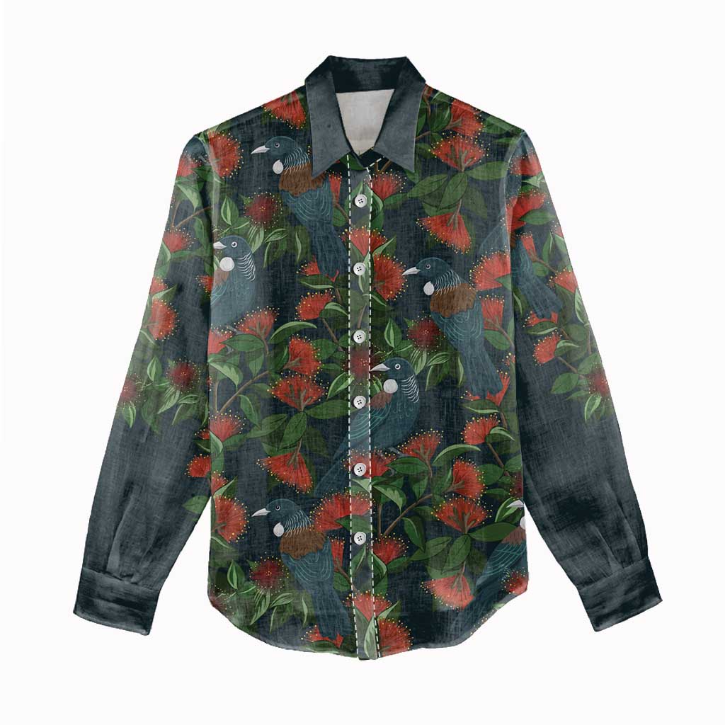 New Zealand Christmas Women Casual Shirt Romantic Tui Birds on Pohutukawa - Cobalt - Polynesian Pride