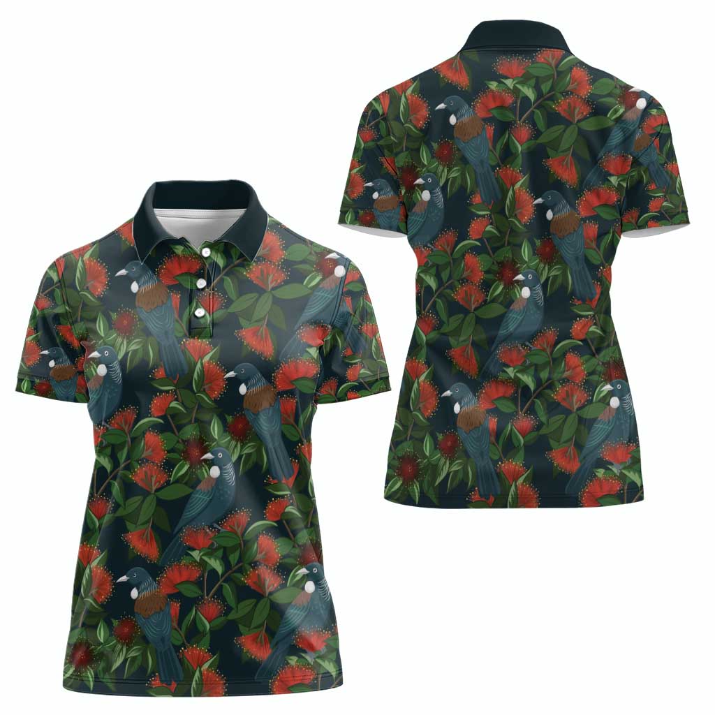 New Zealand Christmas Women Polo Shirt Romantic Tui Birds on Pohutukawa - Cobalt - Polynesian Pride