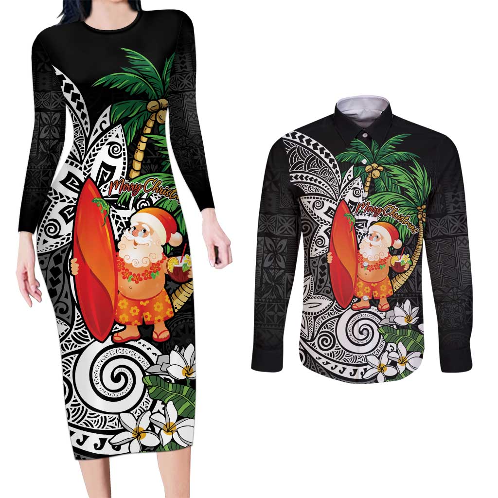 Polynesian Couples Matching Long Sleeve Bodycon Dress and Long Sleeve Button Shirt Tropical Santa - Plumeria Black Vintage
