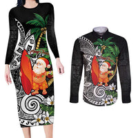 Polynesian Couples Matching Long Sleeve Bodycon Dress and Long Sleeve Button Shirt Tropical Santa - Plumeria Black Vintage