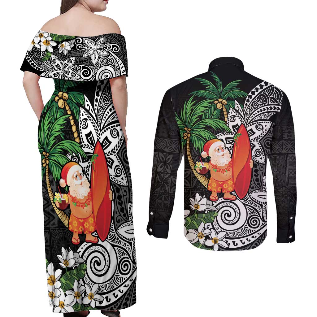 Polynesian Couples Matching Off Shoulder Maxi Dress and Long Sleeve Button Shirt Tropical Santa - Plumeria Black Vintage