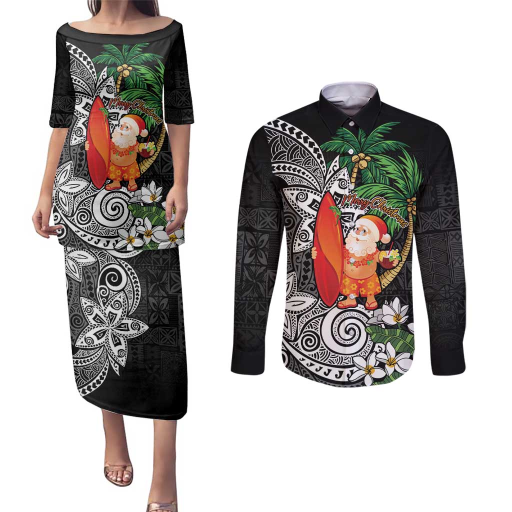 Polynesian Couples Matching Puletasi and Long Sleeve Button Shirt Tropical Santa - Plumeria Black Vintage