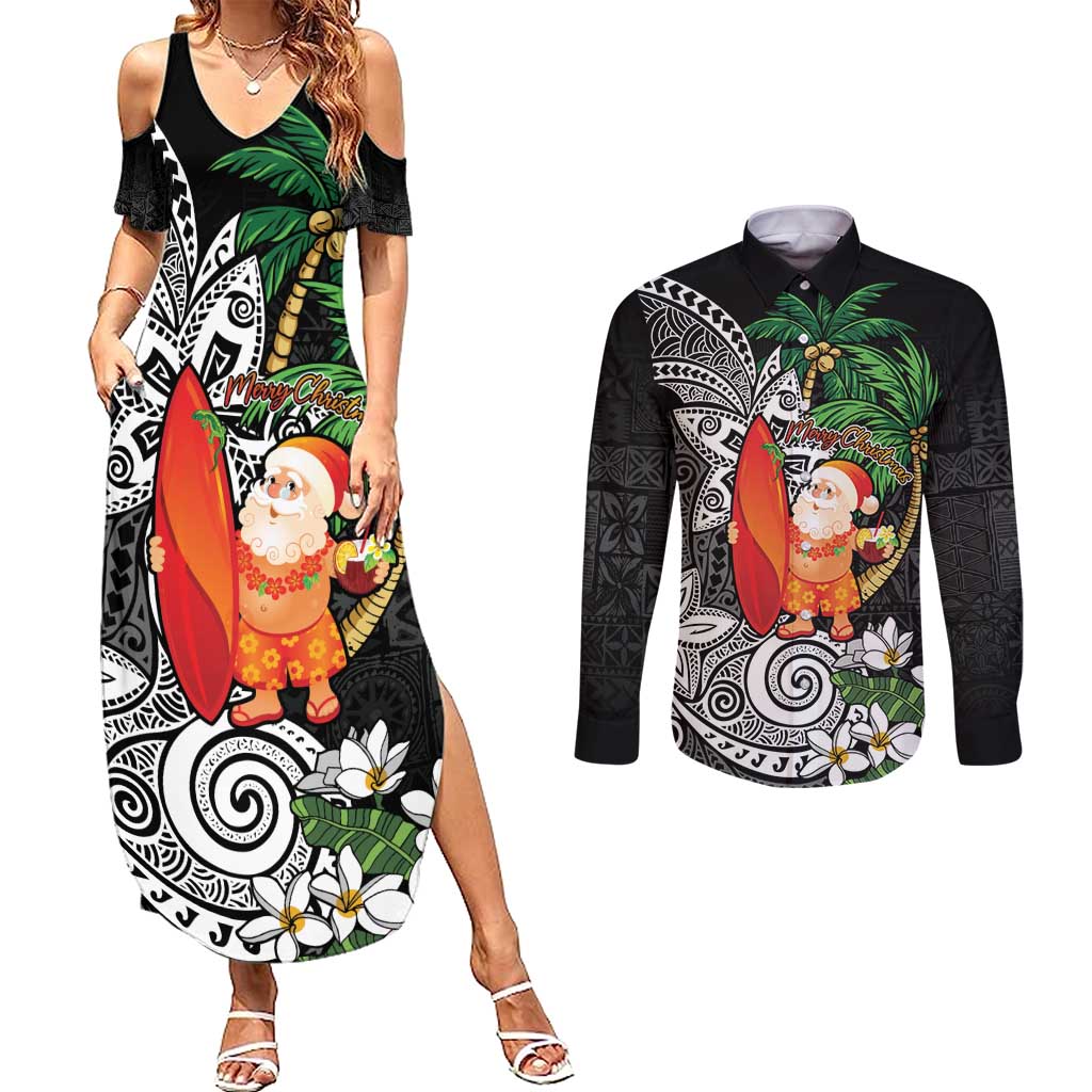 Polynesian Couples Matching Summer Maxi Dress and Long Sleeve Button Shirt Tropical Santa - Plumeria Black Vintage