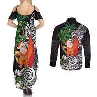 Polynesian Couples Matching Summer Maxi Dress and Long Sleeve Button Shirt Tropical Santa - Plumeria Black Vintage