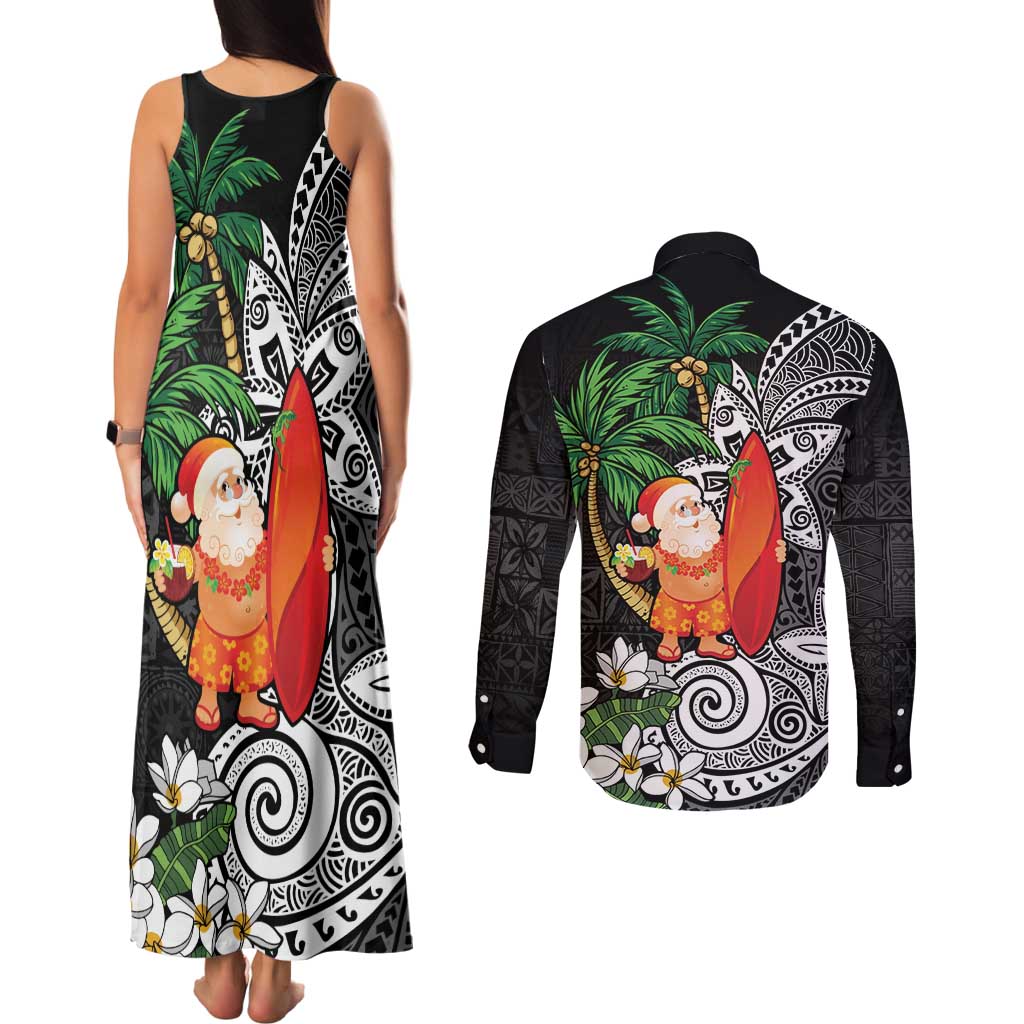 Polynesian Couples Matching Tank Maxi Dress and Long Sleeve Button Shirt Tropical Santa - Plumeria Black Vintage