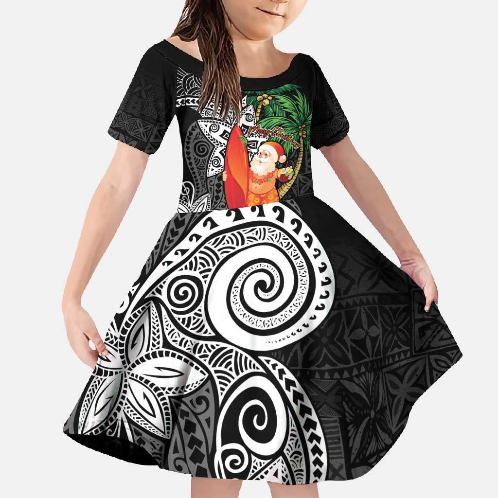 Polynesian Family Matching Mermaid Dress and Hawaiian Shirt Tropical Santa - Plumeria Black Vintage LT7 Daughter's Dress Black - Polynesian Pride