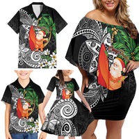 Polynesian Family Matching Off Shoulder Short Dress and Hawaiian Shirt Tropical Santa - Plumeria Black Vintage