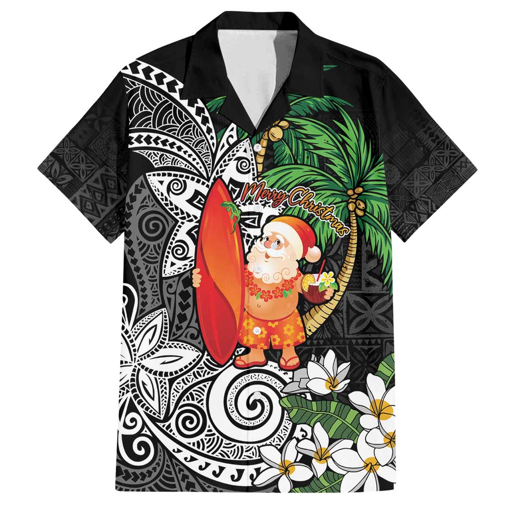 Polynesian Family Matching Off Shoulder Short Dress and Hawaiian Shirt Tropical Santa - Plumeria Black Vintage