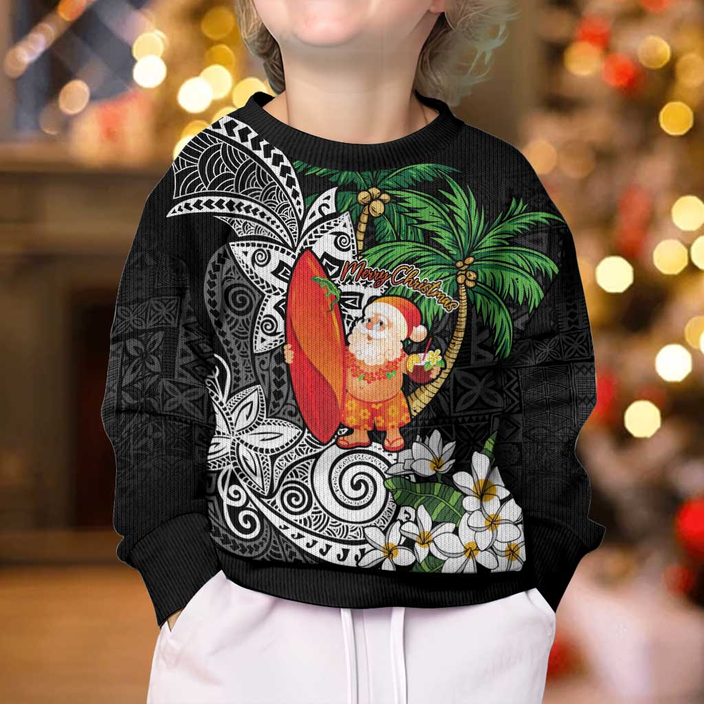 Polynesian Kid Ugly Christmas Sweater Tropical Santa - Plumeria Black Vintage