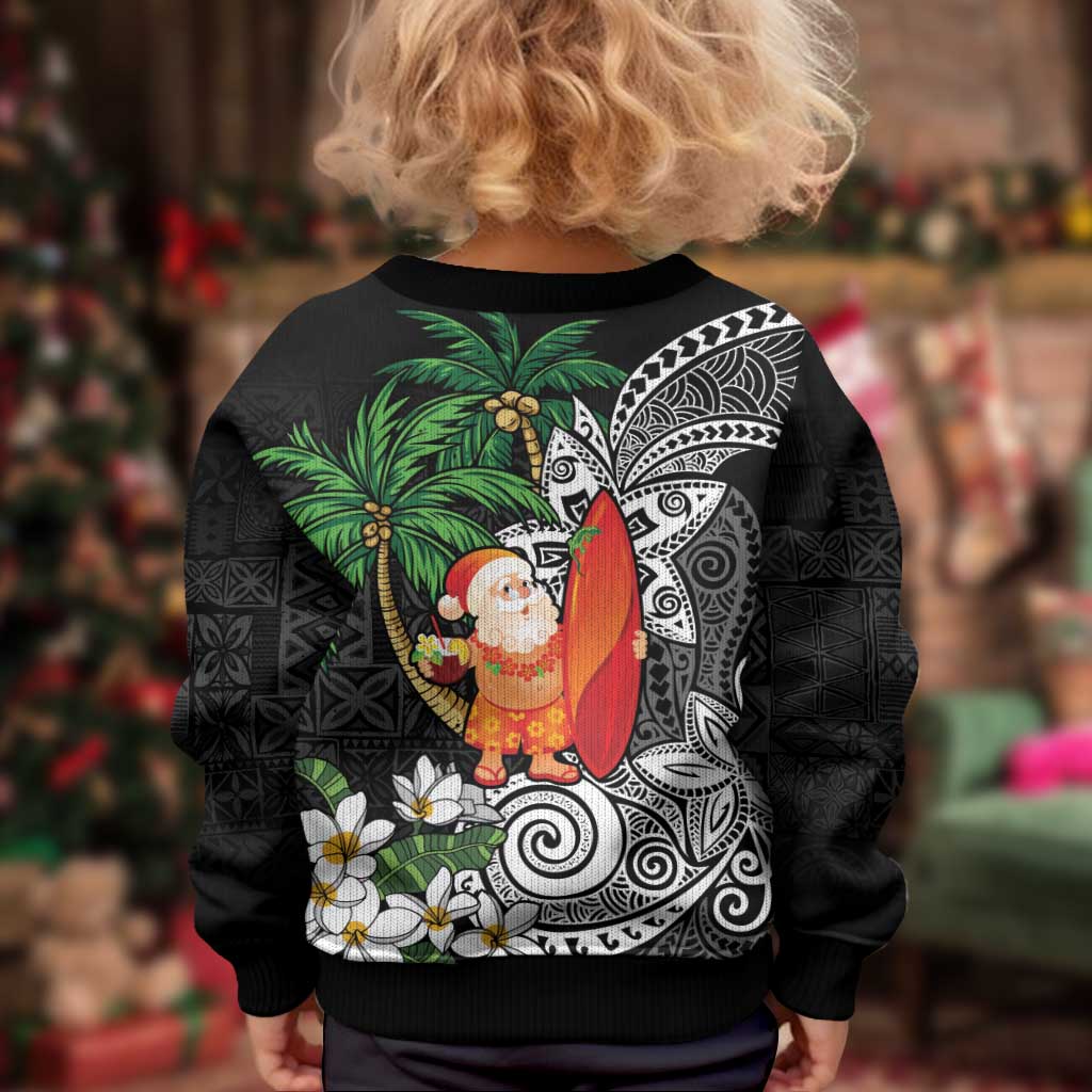 Polynesian Kid Ugly Christmas Sweater Tropical Santa - Plumeria Black Vintage