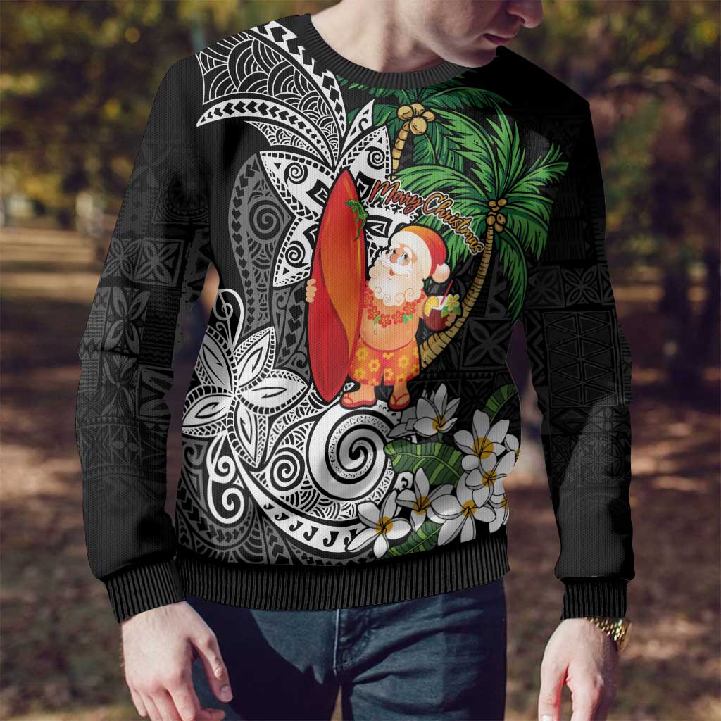 Polynesian Ugly Christmas Sweater Tropical Santa - Plumeria Black Vintage