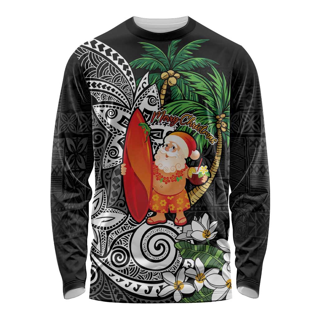 Polynesian Long Sleeve Shirt Tropical Santa - Plumeria Black Vintage LT7 Unisex Black - Polynesian Pride