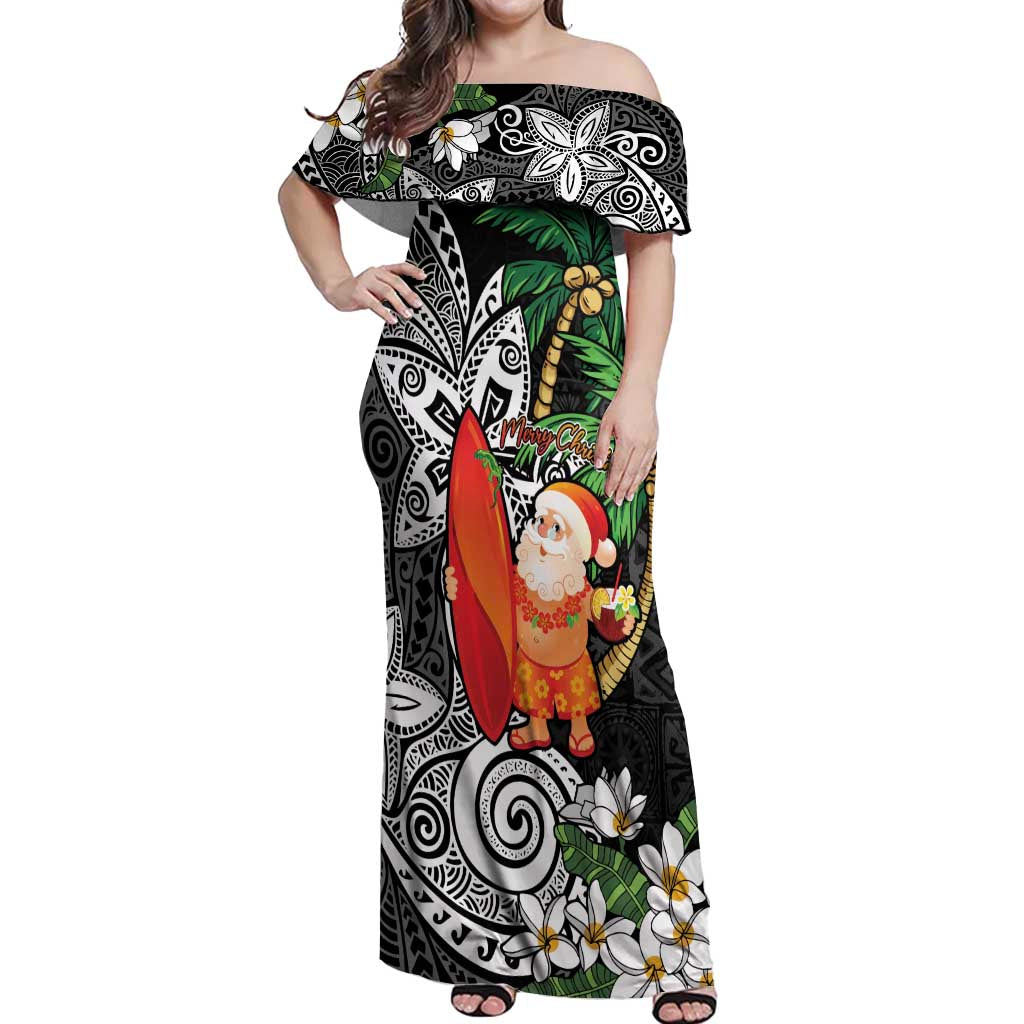 Polynesian Off Shoulder Maxi Dress Tropical Santa - Plumeria Black Vintage