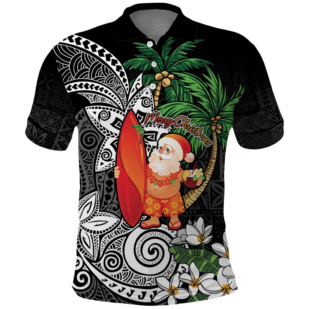 Polynesian Polo Shirt Tropical Santa - Plumeria Black Vintage