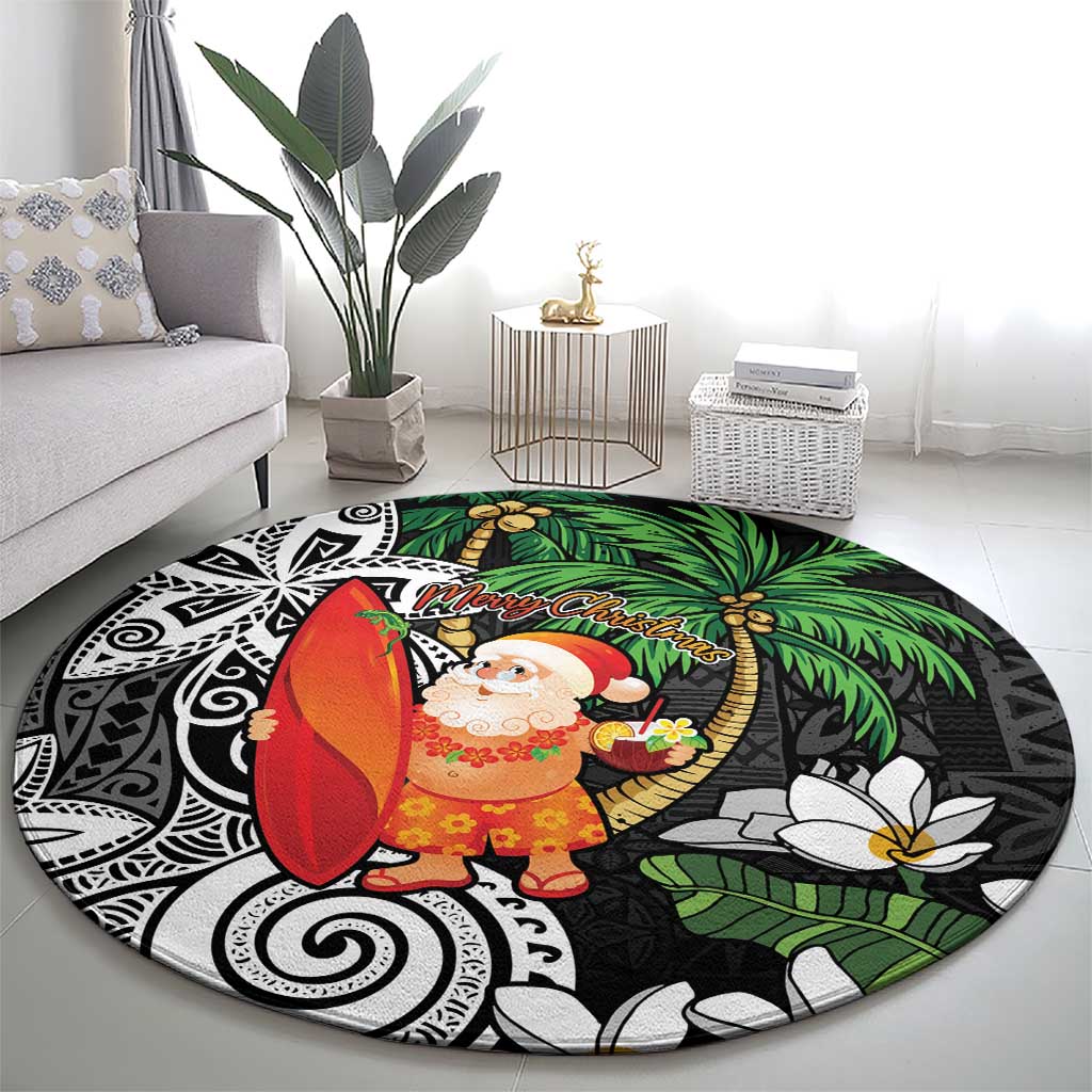 Polynesian Round Carpet Tropical Santa - Plumeria Black Vintage LT7 - Polynesian Pride