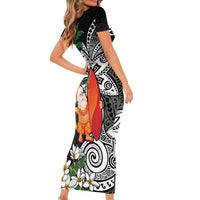 Polynesian Short Sleeve Bodycon Dress Tropical Santa - Plumeria Black Vintage LT7 - Polynesian Pride