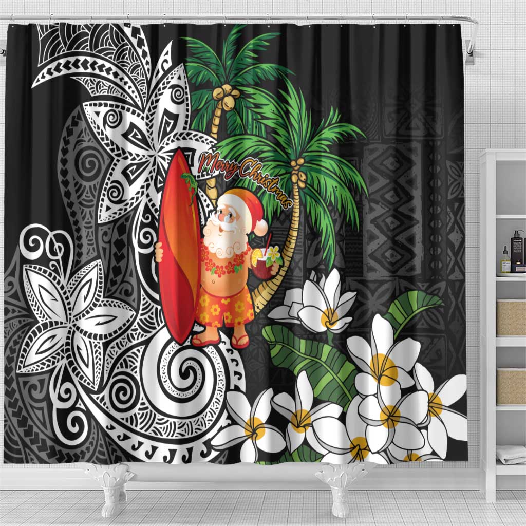 Polynesian Shower Curtain Tropical Santa - Plumeria Black Vintage