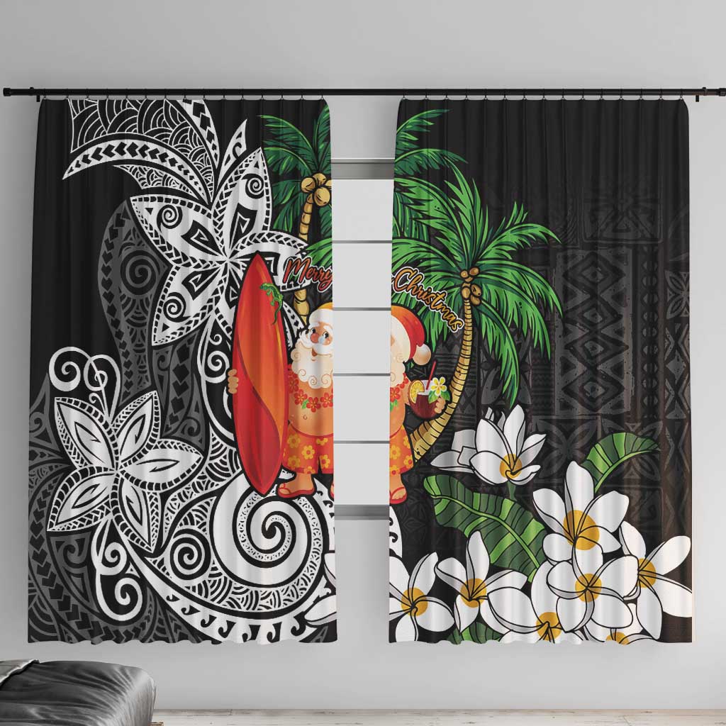 Polynesian Window Curtain Tropical Santa - Plumeria Black Vintage LT7 With Hooks Black - Polynesian Pride