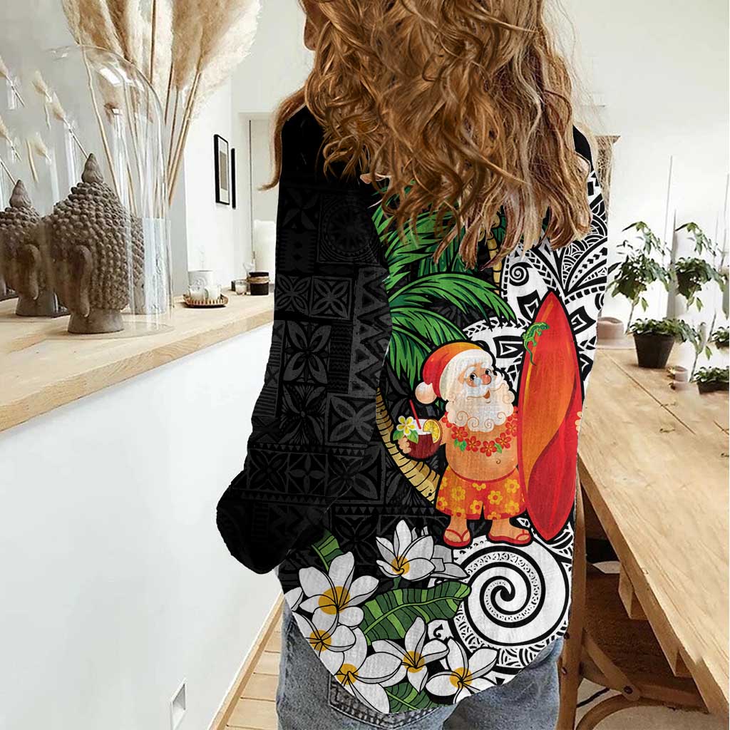 Polynesian Women Casual Shirt Tropical Santa - Plumeria Black Vintage