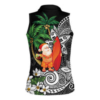 Polynesian Women Sleeveless Polo Shirt Tropical Santa - Plumeria Black Vintage