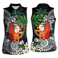 Polynesian Women Sleeveless Polo Shirt Tropical Santa - Plumeria Black Vintage