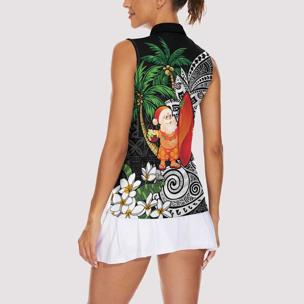 Polynesian Women Sleeveless Polo Shirt Tropical Santa - Plumeria Black Vintage