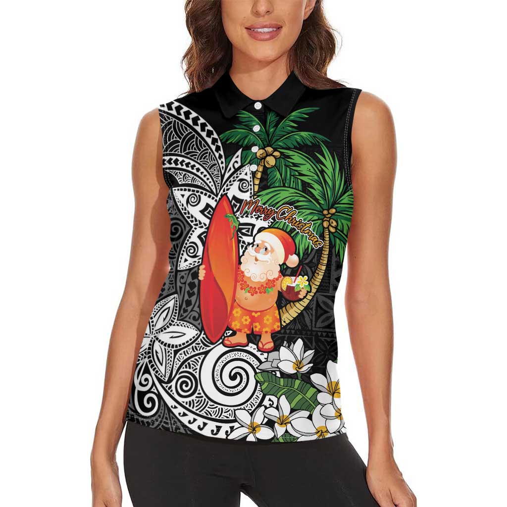 Polynesian Women Sleeveless Polo Shirt Tropical Santa - Plumeria Black Vintage