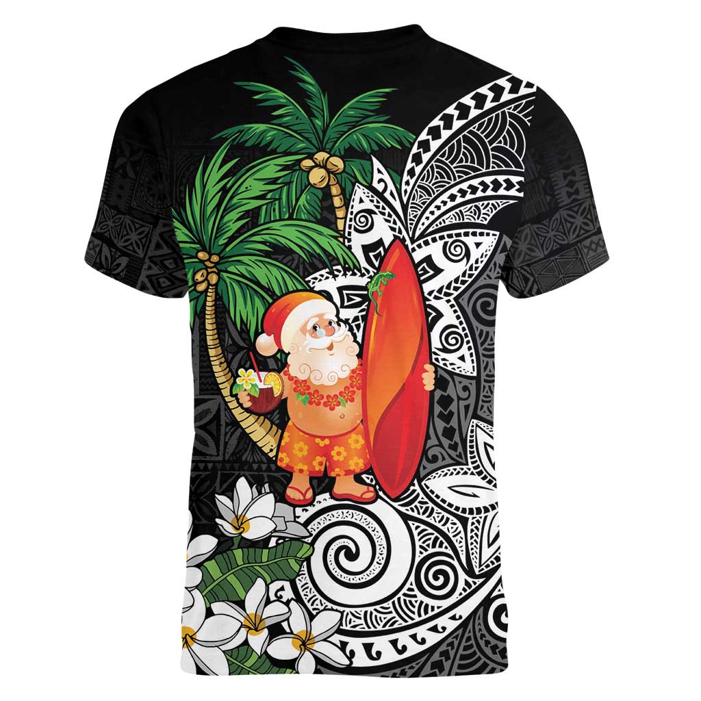 Polynesian Women V-Neck T-Shirt Tropical Santa - Plumeria Black Vintage