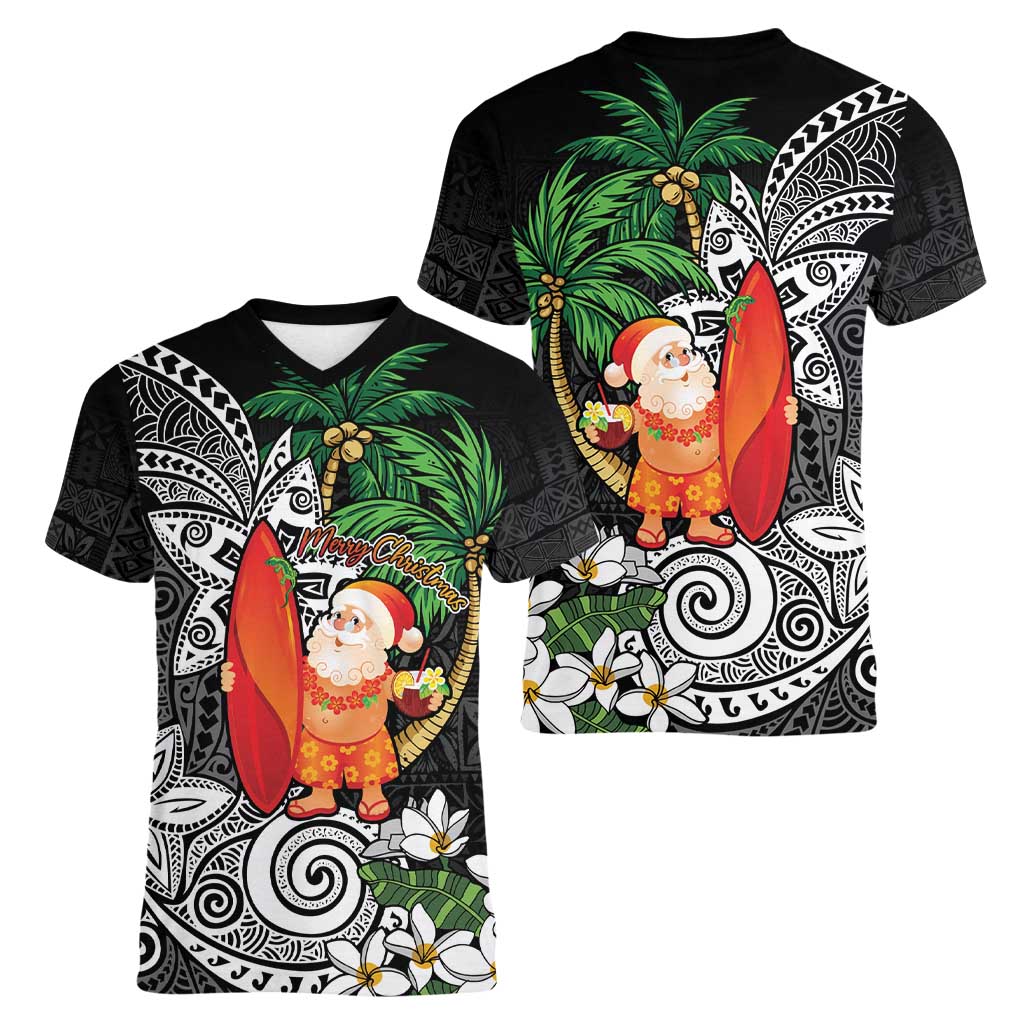 Polynesian Women V-Neck T-Shirt Tropical Santa - Plumeria Black Vintage