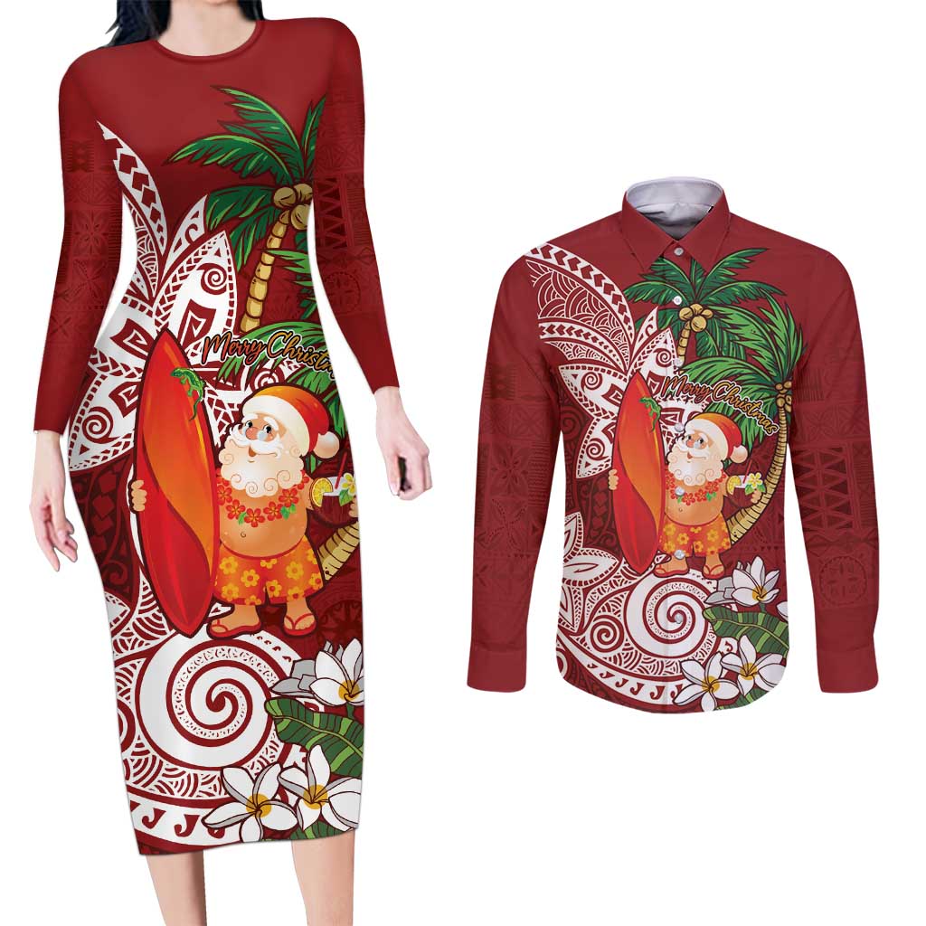 Polynesian Couples Matching Long Sleeve Bodycon Dress and Long Sleeve Button Shirt Tropical Santa - Plumeria Red Vintage