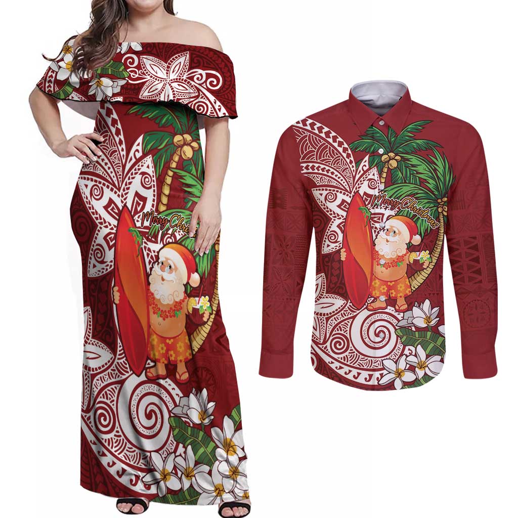 Polynesian Couples Matching Off Shoulder Maxi Dress and Long Sleeve Button Shirt Tropical Santa - Plumeria Red Vintage
