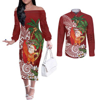 Polynesian Couples Matching Off The Shoulder Long Sleeve Dress and Long Sleeve Button Shirt Tropical Santa - Plumeria Red Vintage