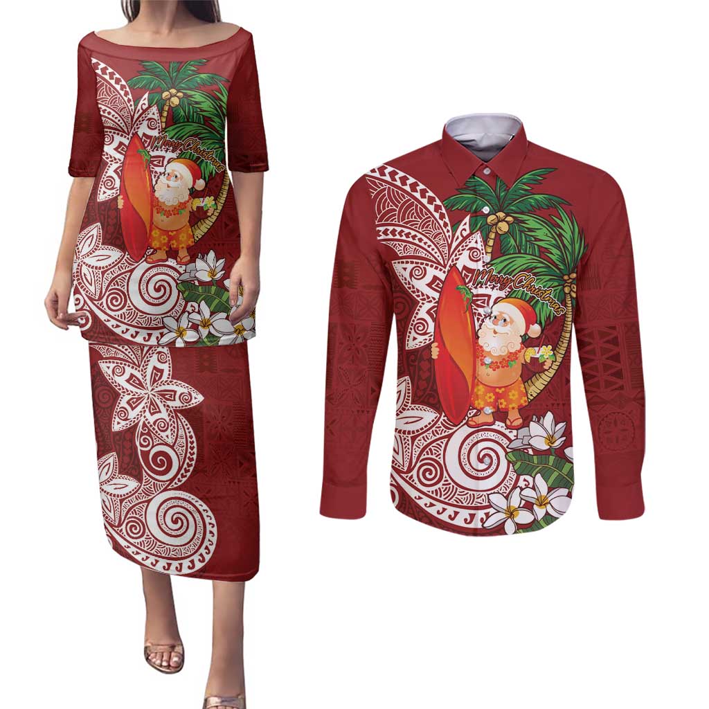 Polynesian Couples Matching Puletasi and Long Sleeve Button Shirt Tropical Santa - Plumeria Red Vintage