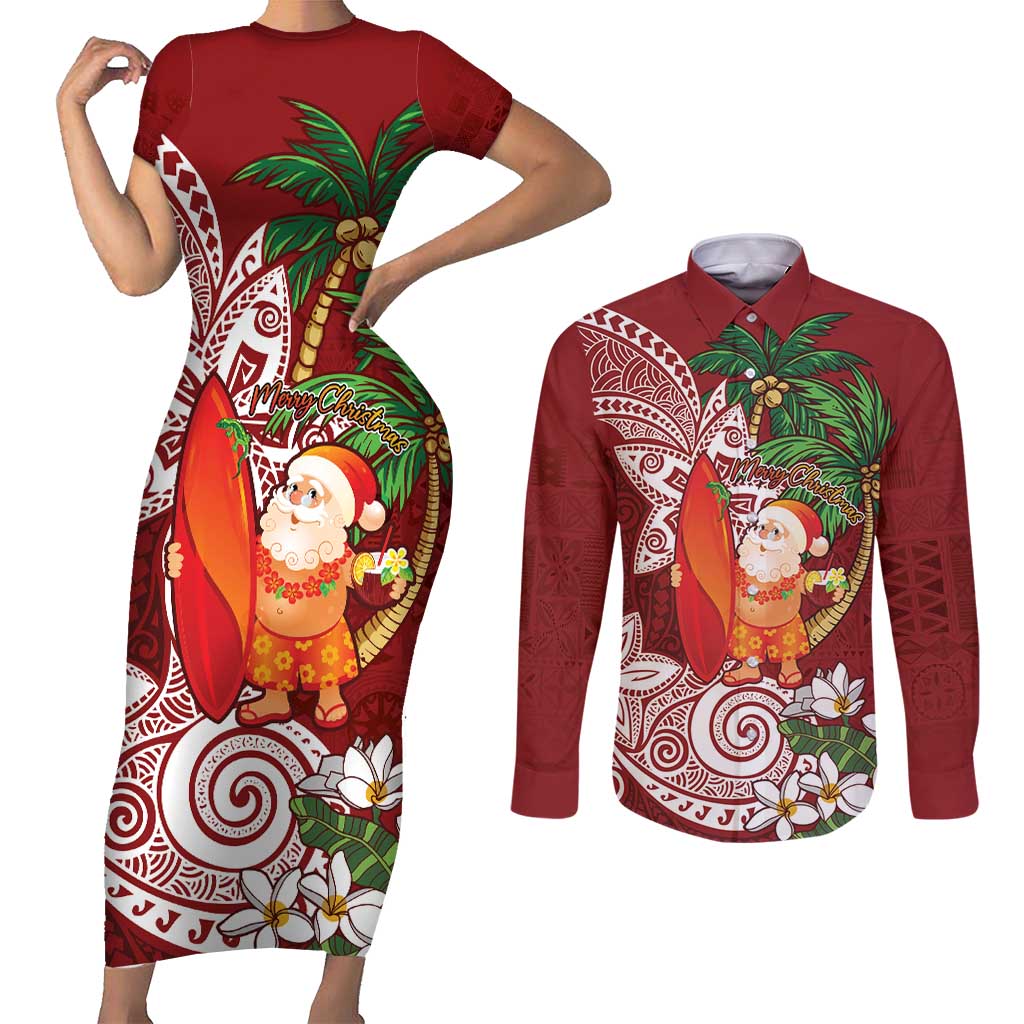 Polynesian Couples Matching Short Sleeve Bodycon Dress and Long Sleeve Button Shirt Tropical Santa - Plumeria Red Vintage